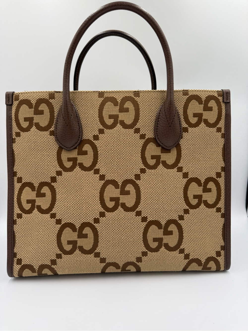 Gucci Tan and Brown Large GG Canvas Tote with Leather Trim with Strap
